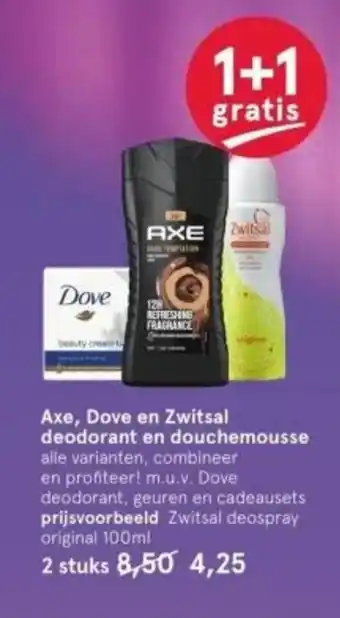 Etos Axe, Dove en Zwitsal deodorant en douchemousse 1+1 gratis aanbieding