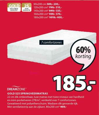 Jysk Dreamzone Gold S25 Springveermatras 60% Korting aanbieding