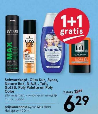 Etos Schwarzkopf, Gliss Kur, Syoss, Nature Box, N.A.E., Taft, Got2B, Poly Palette En Poly Color 1+1 Gratis aanbieding