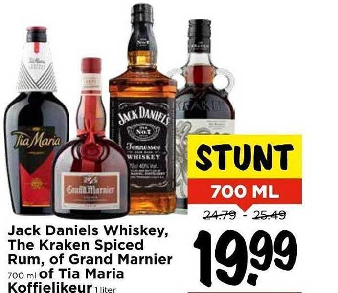 Jack daniels whiskey, the kraken spiced rum, of grand marnier of tia