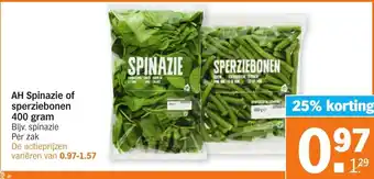 Albert Heijn AH Spinazie of sperziebonen 400g aanbieding