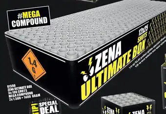 Vuurwerk Maximaal Zena ultimate box 3x100 shots mega compound 2x 1.500 + 1480 gram aanbieding