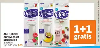 Albert Heijn Alle Optimel drinkyoghurt literpakken 1+1 gratis aanbieding