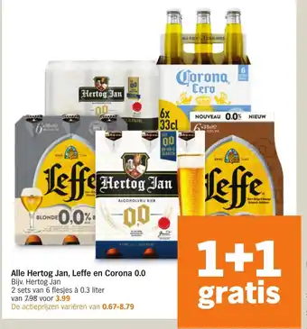 Albert Heijn Alle Hertog Jan, Leffe en Corona 0.0 1+1 gratis aanbieding