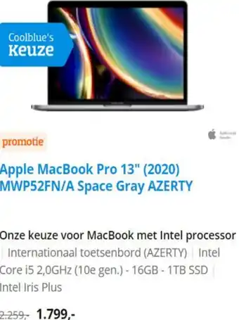 Coolblue Apple MacBook Pro 13" (2020) MWP52FN/A Space Gray AZERTY aanbieding