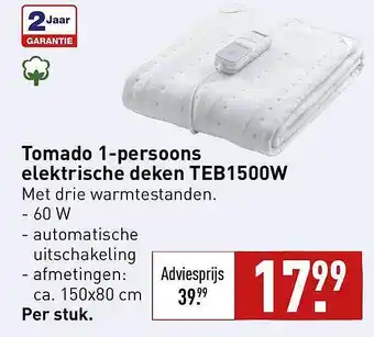 ALDI Tomado 1-persoons elektrische deken teb1500w aanbieding