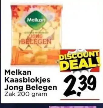 Vomar Voordeelmarkt Melkan Kaasblokjes Jong Belegen 200 gram aanbieding