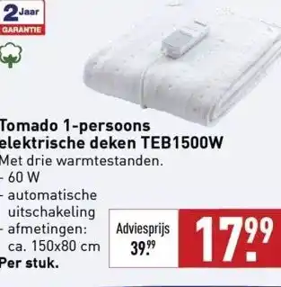 ALDI Tomado 1-persoons elektrische deken teb1500w met drie warmtestanden. aanbieding