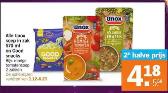 Albert Heijn Alle unox soep in zak 570 ml en good snacks aanbieding