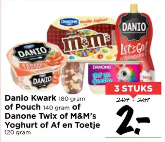 Vomar Voordeelmarkt Danio kwark of pouch of danone twix of m&m's yoghurt of af en toetje 120 gram aanbieding