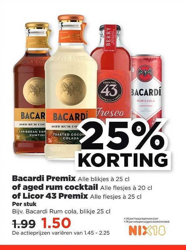 Bacardi premix of aged rum cocktail of licor 43 premix aanbieding bij PLUS