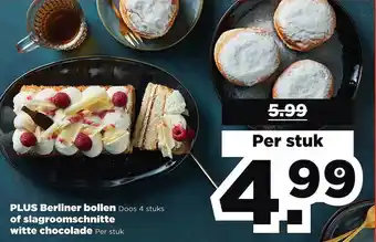 PLUS Plus berliner bollen of slagroomschnitte witte chocolade aanbieding