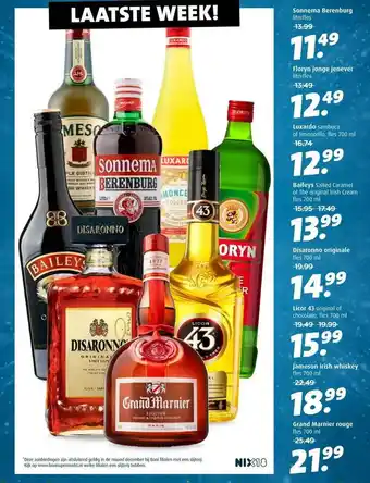 Boni Sonnema berenburg, floryn jonge jenever, luxardo, baileys, disaronno originale, licor 43, jameson irish whiskey of grand marn aanbieding