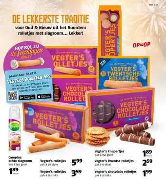 Poiesz Campina echte slagroom, vegter's rolletjes, vegter's knijpertjes, vegter's twentse rolletjes of vegter's chocolade rolletjes aanbieding