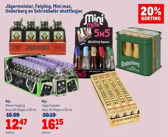 Makro Jägermeister, feigling, mini max, underberg en schrobbelèr shotflesjes aanbieding