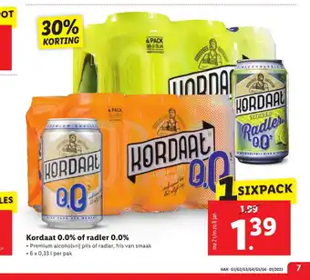 Lidl Kordaat 0.0% of radler 0.0% 6 x 0,33 l per pak aanbieding