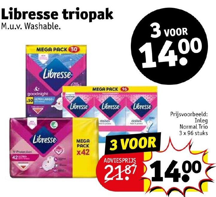Libresse triopak 3 x 96 stuks aanbieding bij Kruidvat