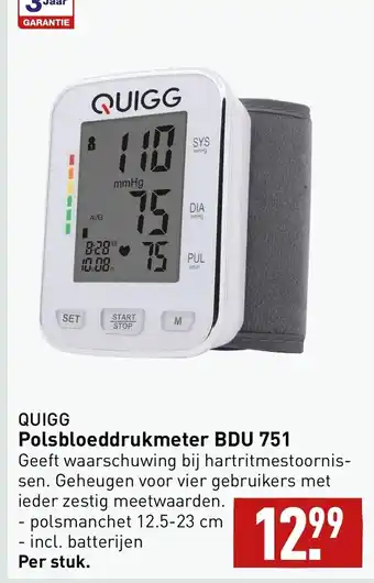 ALDI Quigg polsbloeddrukmeter BDU 751 aanbieding