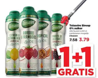 PLUS Teisseire siroop 0% suiker 60 cl 1+1 gratis aanbieding