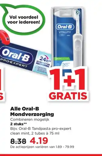 PLUS Alle Oral-B Mondverzorging 75 ml  1+1 gratis aanbieding