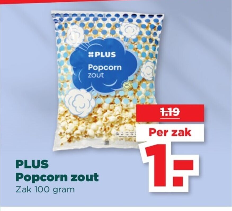 Popcorn zout 100 gram aanbieding bij PLUS