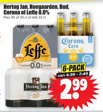 Dirk Hertog Jan, Hoegaarden, Bud, Corona of Leffe 0,0% 6-pack aanbieding