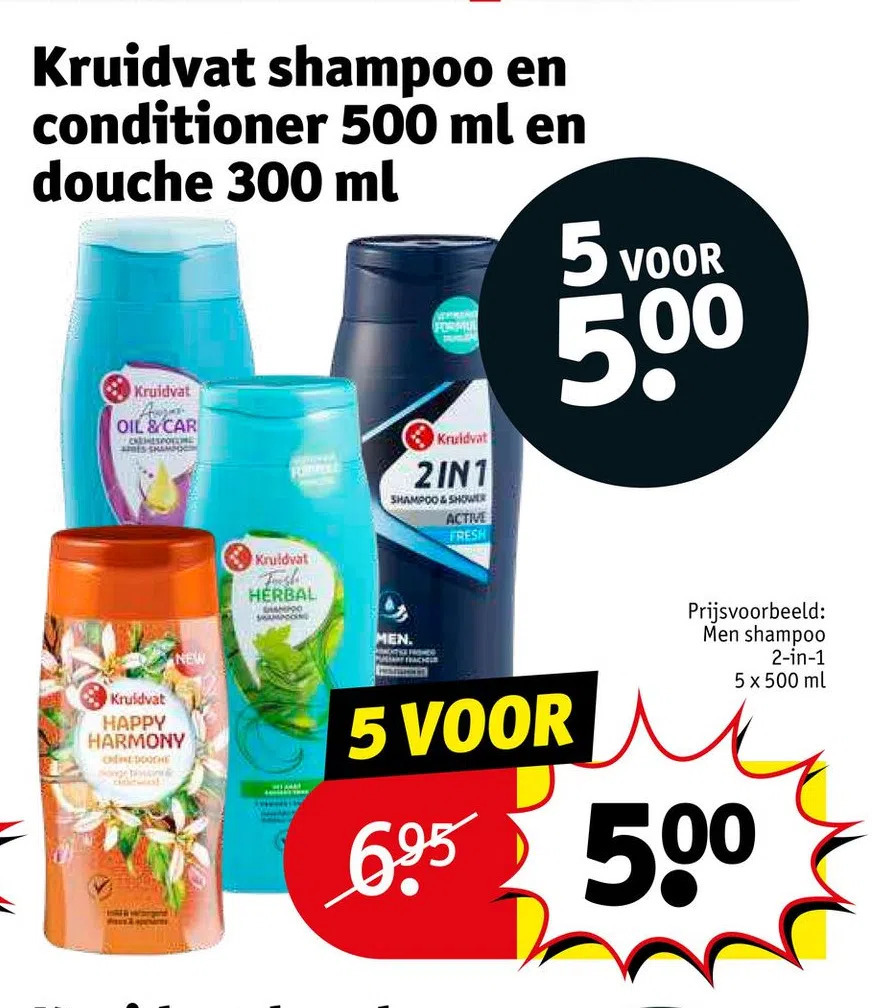 Kruidvat shampoo en conditioner 500 ml en douche 300 ml aanbieding bij
