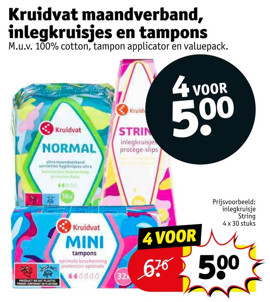 Kruidvat maandverband, inlegkruisjes en tampons aanbieding bij Kruidvat