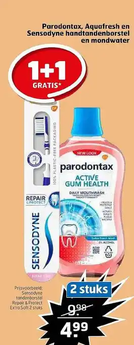 Trekpleister Paradontax, aquafresh en sensodyne handtandenborstel en mondwater aanbieding