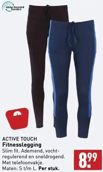 ALDI Active touch fitnesslegging slim fit. ademend, vochtregulerend en sneldrogend. met telefoonvakje. maten: s t/m l. per stuk. aanbieding