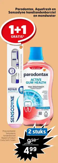 Trekpleister Parodontax, aquafresh en sensodyne handtandenborstel en mondwater aanbieding