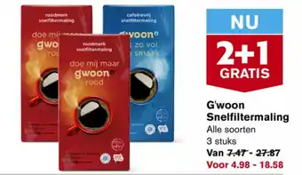 Hoogvliet G'woon snelfiltermaling 3 stuks 2+1 gratis aanbieding