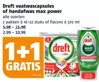 Poiesz Dreft vaatwascapsules of handafwas max power 16-22 stuks 1+1 gratis aanbieding