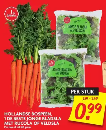 Dekamarkt Hollandse bospeen, 1 de beste jonge bladsla met rucola of veldsla 80 gr aanbieding