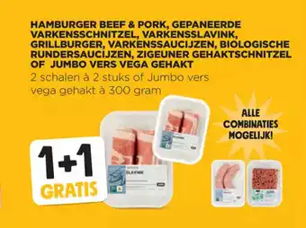 Jumbo Hamburger beef & pork, gepaneerde varkensschnitzel, varkensslavink, Grillburger, Varkenssaucijzen aanbieding