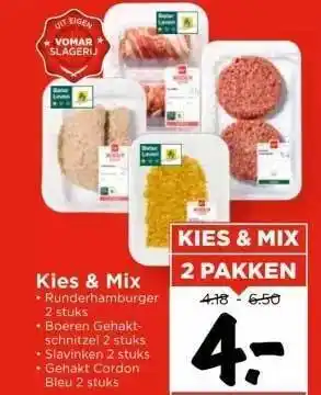 Vomar Voordeelmarkt Kies & mix runderhamburger, boeren gehaktschnitzel, slavinken of gehakt cordon bleu aanbieding