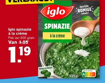 Hoogvliet Iglo spinazie a la creme 500 gram aanbieding