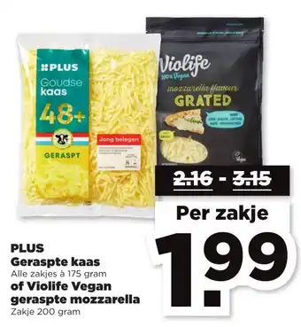 PLUS PLUS Geraspte kaas 175g of Violife Vegan geraspte mozzarella 200g aanbieding