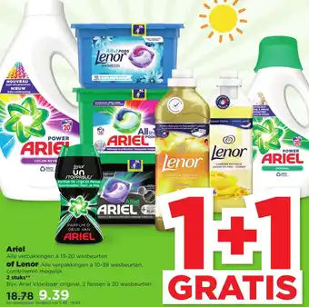 PLUS Ariel 13-20 st of Lenor 10-39st 1+1 aanbieding