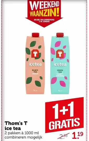 Coop Thom's T ice tea 2 pakken a 1000 ml 1+1 Gratis aanbieding