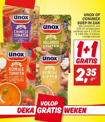 Dekamarkt Unox Of Conimex Soep In Zak 1+1 Gratis aanbieding