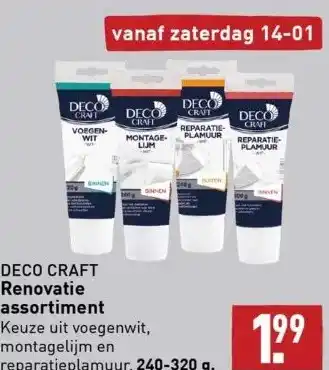 ALDI Deco craft renovatie assortiment keuze uit voegenwit, montagelijm en reparatieplamuur. 240-320 g. aanbieding