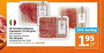 Albert Heijn AH Excellent Italiaanse Vleeswaren 70-100 Gram 25% Korting aanbieding