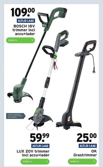 GAMMA Bosch 18V Trimmer Incl Accu+Ladder, Lux 20V Trimmer Incl Accu+Lader Of Ok Grastrimmer aanbieding