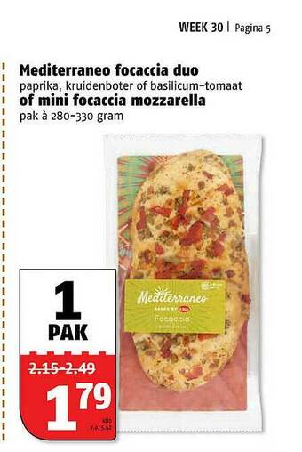 Poiesz Mediterraneo Focaccia Duo Paprika, Kruidenboter Of Basilicum-Tomaat Of Mini Focaccia Mozzarella aanbieding