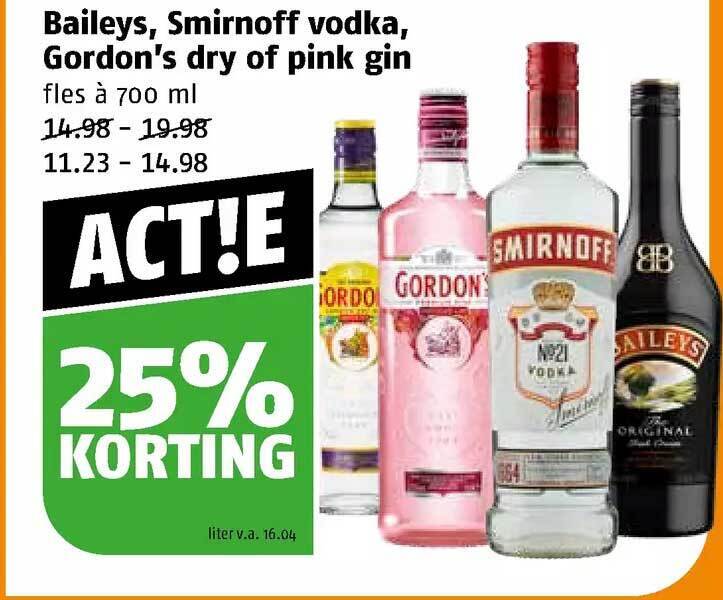 Baileys, smirnoff vodka, gordon's dry of pink gin aanbieding bij Poiesz