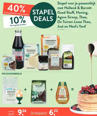 Holland & Barrett Stapel voor je paasontbijt met Holland & Barrett Good Stuff, Honing, Agave Siroop, Thee, De Tuinen Losse Thee, Just en Neal's aanbieding