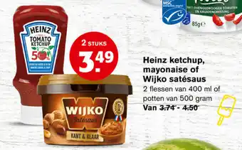 Hoogvliet Heinz ketchup, mayonaise of Wijko satesaus 2*400-500 ml aanbieding