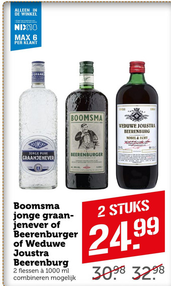 Coop Boomsma jonge graan- jenever of Beerenburger of Weduwe Joustra Beerenburg aanbieding