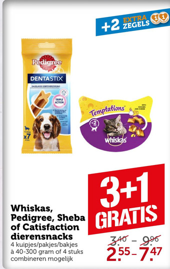 Coop Whiskas, Pedigree, Sheba of Catisfaction dierensnacks aanbieding